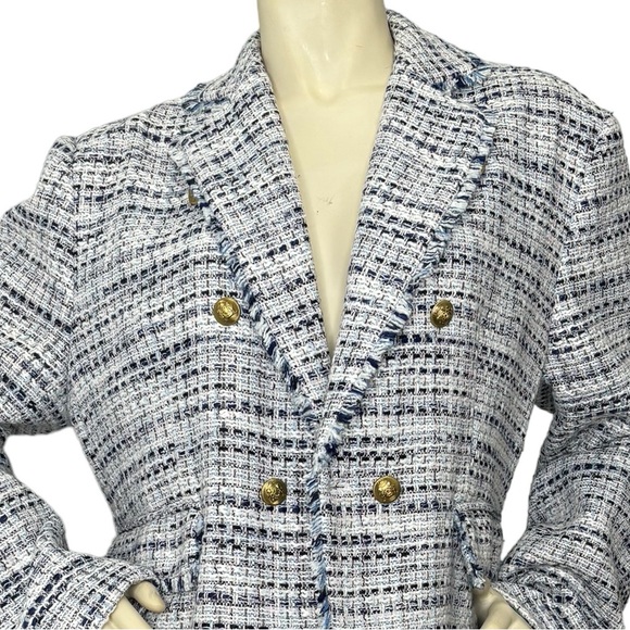 MINA SELF White & Blue Tweed Plaid w/Gold Ornate Buttons & Filly Trim Blazer, 2X - Picture 8 of 16